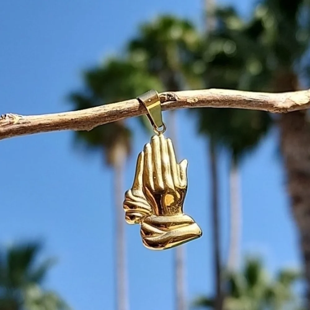 Praying Hands Pendant 18K Gold Stainless Steel Religious Jewelry Faith Necklace